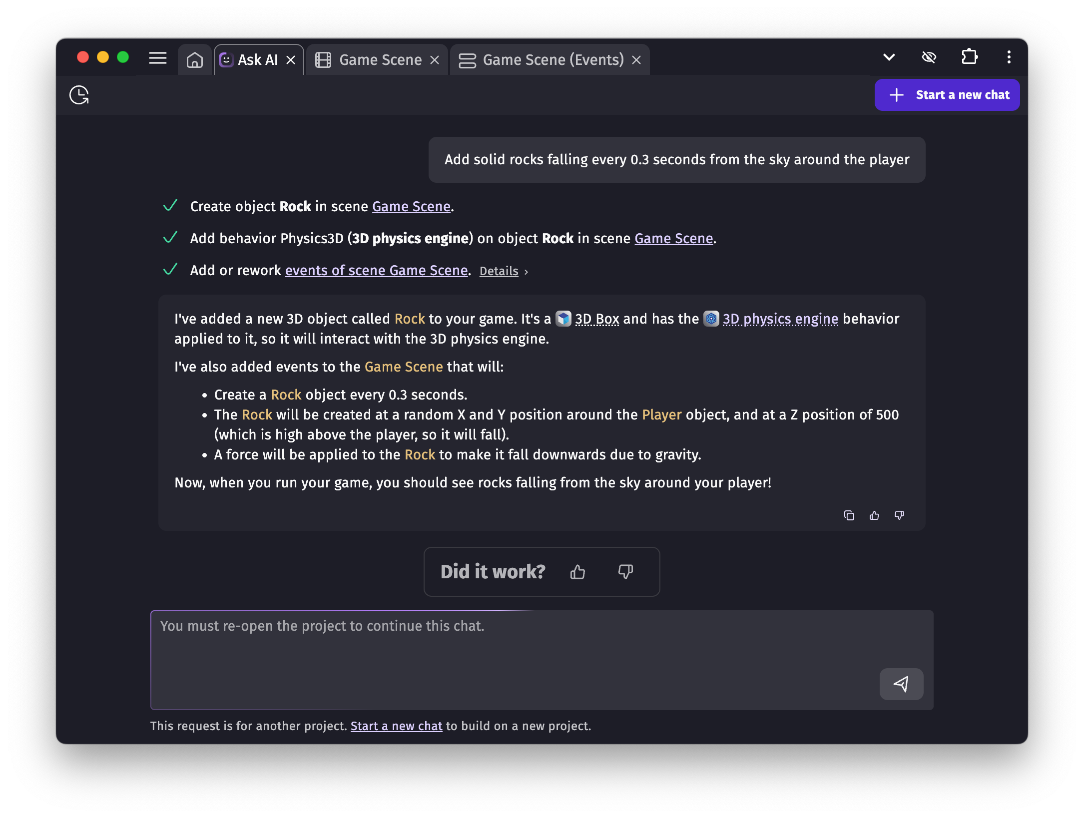 A conversation with the AI agent building a feature in a game